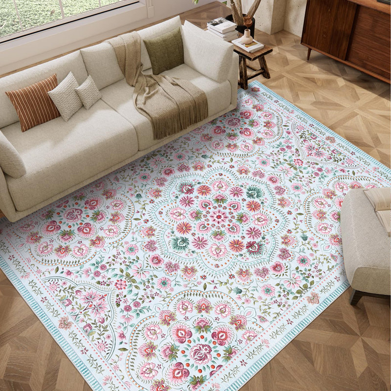 Washable Floral 9x12 Area Rugs for Living Room Farmhouse Non Slip Bedroom Rug for Nursery Playroom Dining Room Rugs Light Blue