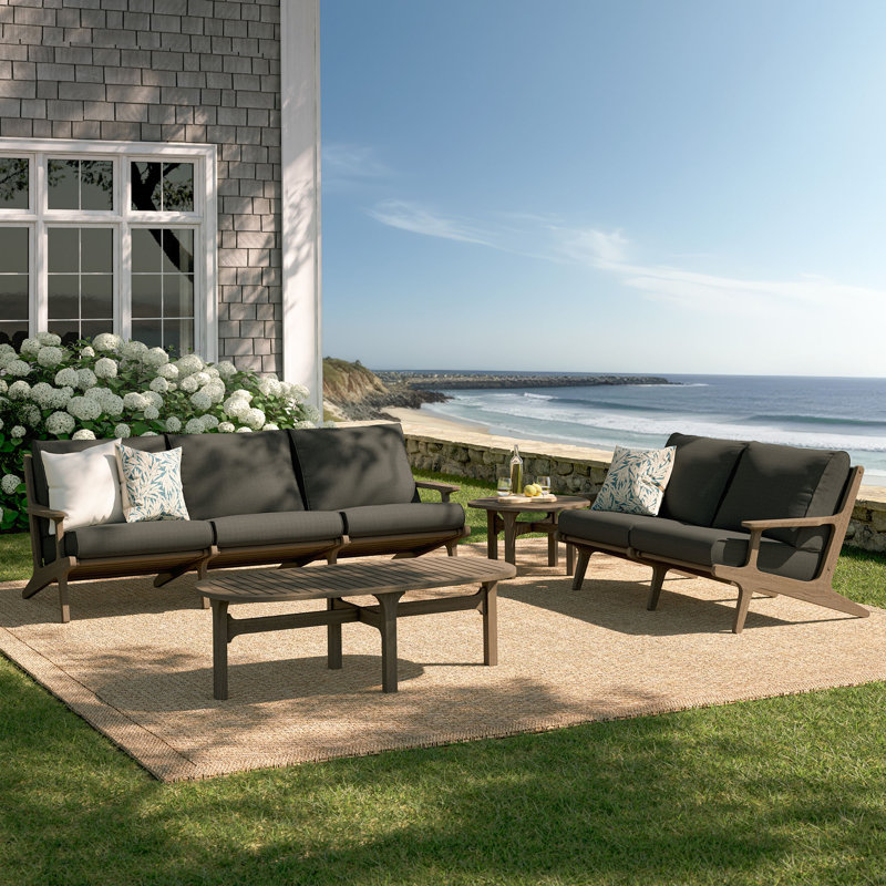 Saratoga Outdoor Teak Wood Furniture Set In Weathered Gray Flint, Gray, 5 Pcs: Cushions, Table, Loveseat, Sofa