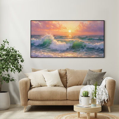 Très grande reproduction d'art sur tissu - Vagues océaniques vives au coucher du soleil avec reflet doré pour le salon - «Assemblage requis du cadre (cadre non fini)»