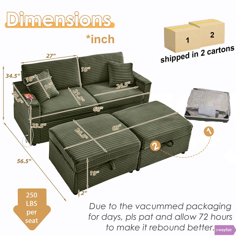 Deandre 68" Comfortable Corduroy Lazy Sofa,Large-sized loveseat with an extra-soft chaise lounge,Ottoman with storage space, comes with a small table board,Suitable for combined living-bedroom spaces (or open-plan living areas)