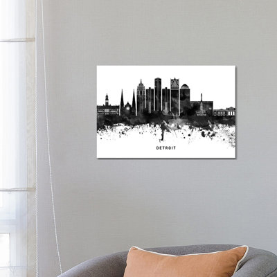 Detroit Skyline Black & White by WallDecorAddict - Wrapped Canvas Print