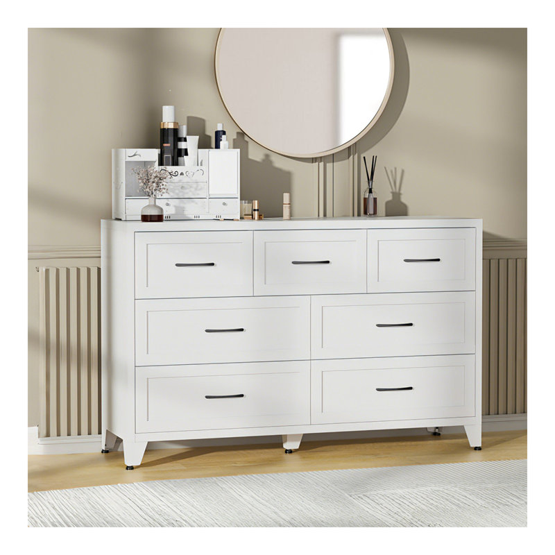 Commode 7 tiroirs, grande armoire de rangement à profil bas, commode en métal blanc pour la chambre à coucher, le salon et le vestibule