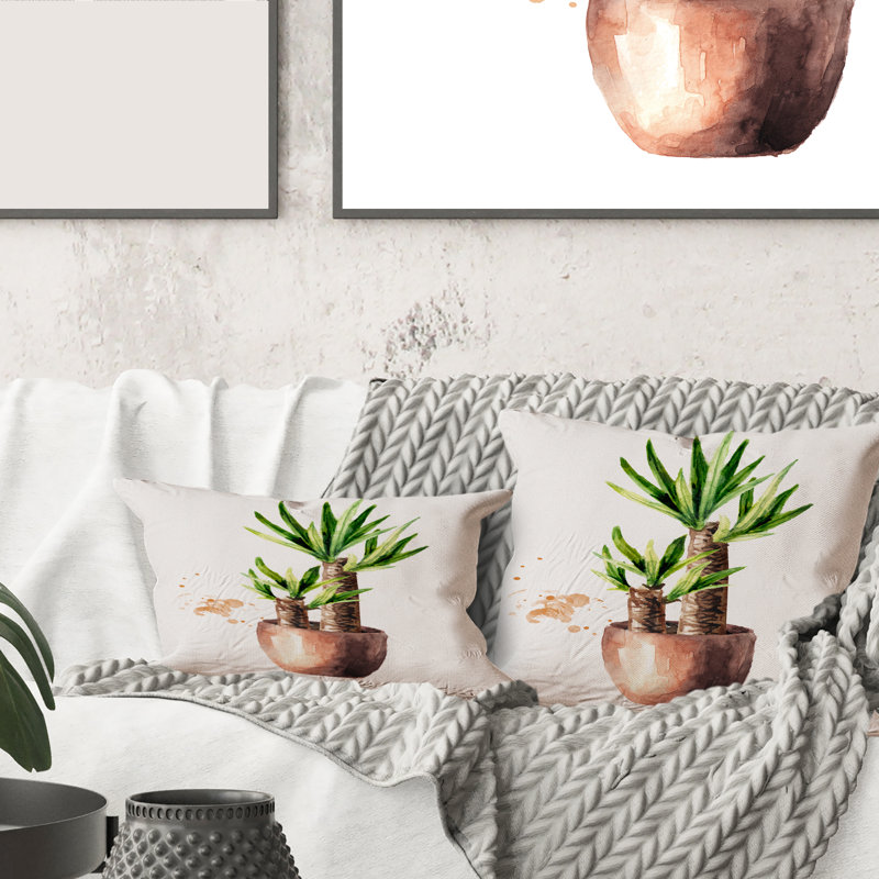 Carré, yucca dans un pot de fleur en céramique - coussin décoratif traditionnel, 18" x 18"