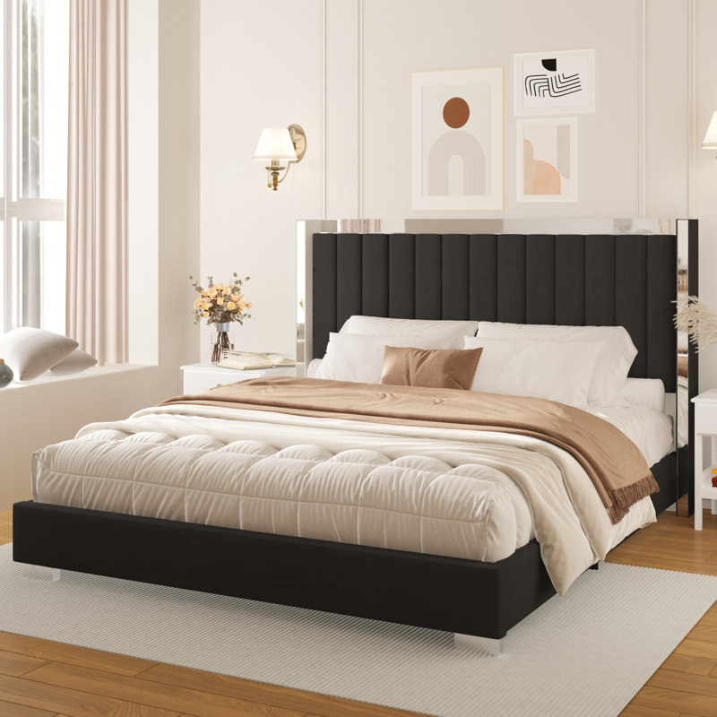 Bed Frame with 58" Tall Headboard, Velvet Upholstered Platform Bed with Channel Tufted Wingback Headboard and Plating Trim, No Box Spring Needed,Beige