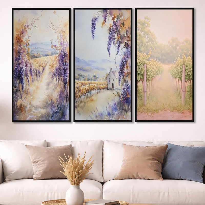 Golden Vineyard in Italy - Vineyard, reproduction sur toile 3 pièces, H 40 po x l 60 po, Cadre flottant noir