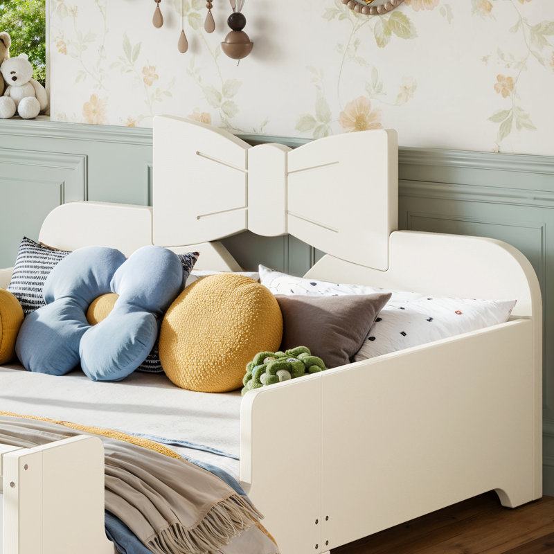 Lit plateforme pour enfant pleine grandeur avec garde-corps, tête de lit et bibliothèque latérale Bowknot, lit bas, pas de sommier, beige