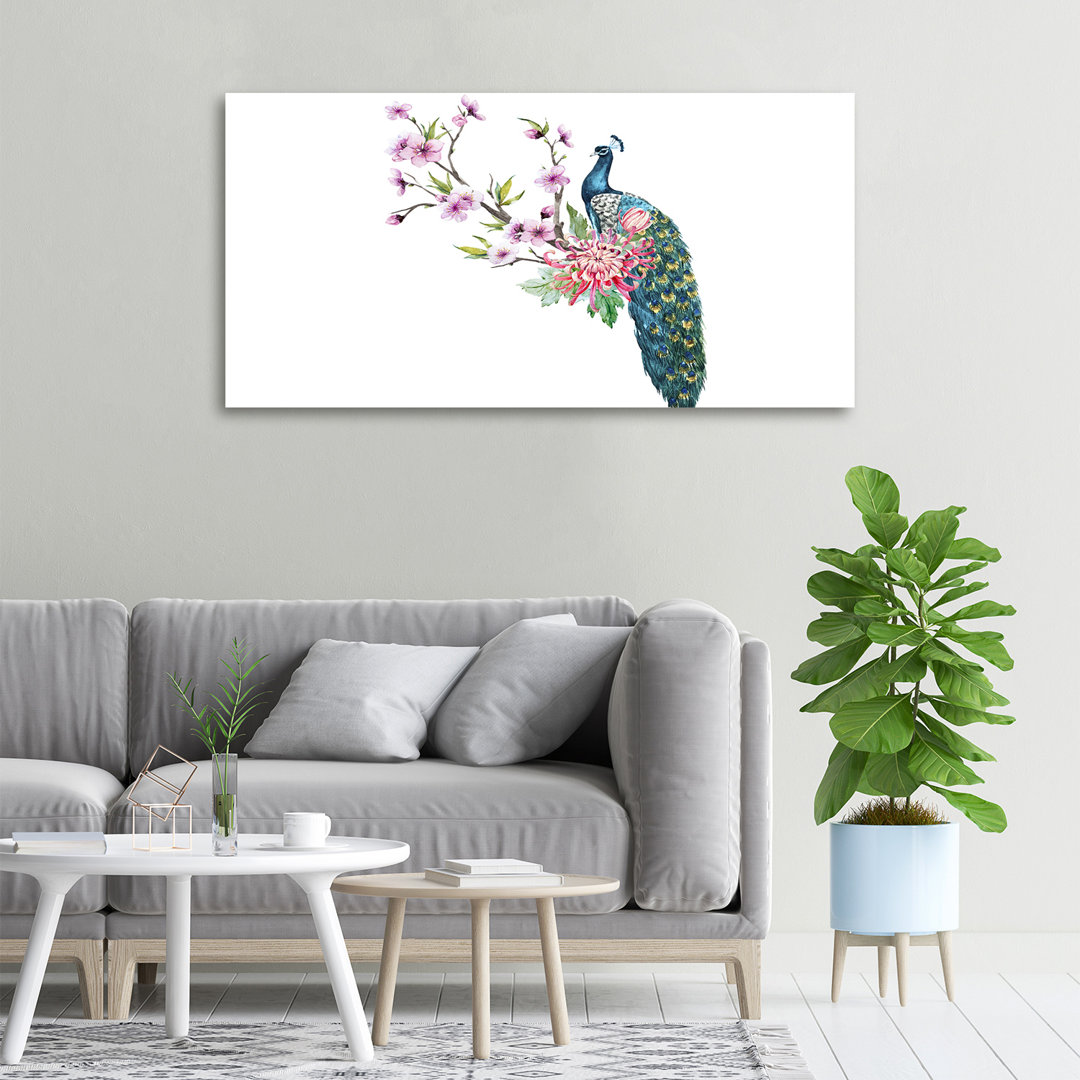 Pfau und Blumen - Ungerahmte Kunstdrucke auf Leinwand