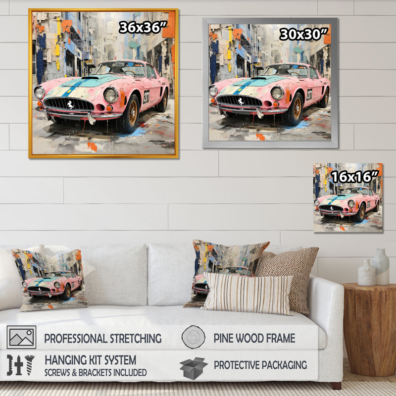 Rose, voiture de course American Vintage Gt - art mural, Toile tendue, H 16 po x l 16 po x P 1 po
