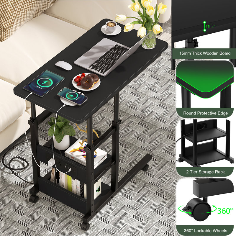 Height Adjustable C Table with USB Port and Wheels, Black