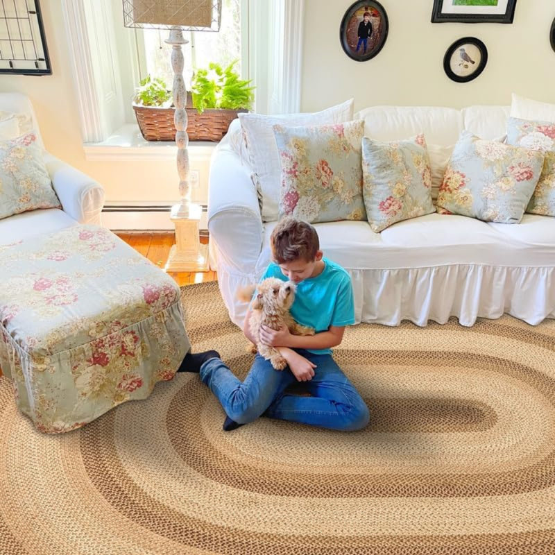 Damaj Braided Non-Shedding Premium Jute Brown/Cream Rug, Oval 6' x 9'