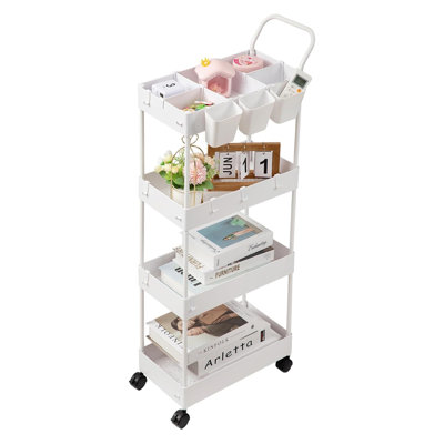 Slim Rolling Storage Cart With Wheels, 4-Tier Organizer With Dividers, Hanging Cups & Hooks, Space-Saving Bathroom Laundry Cart, Easy Assembly