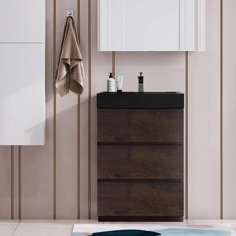 Meuble-lavabo simple autoportant 24 po avec plateau en résine 24 po, Noyer