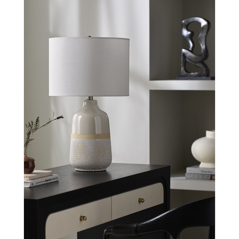 Ceramic Table Lamp with Linen Drum Shade, 24" H x 14" W x 14" D
