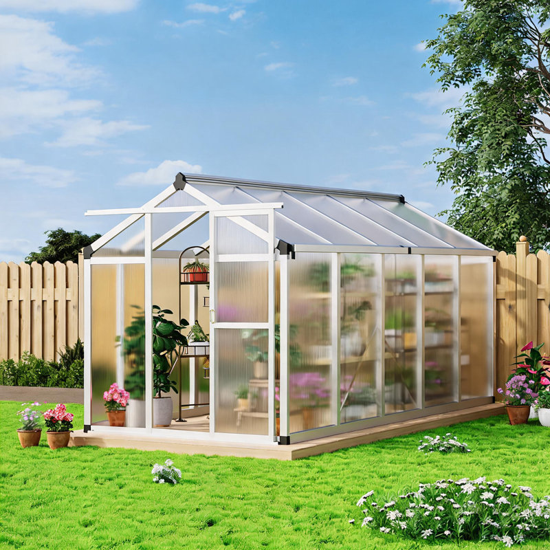 Enjyam All-Season Walk-In Polycarbonate Greenhouse for Outdoors, Heavy-Duty Aluminum Frame - UV Protection Panels - Roof Vent, Lockable Sliding Door, Easy Assembly 6x10x6.5 ft, Original Color (Box A)