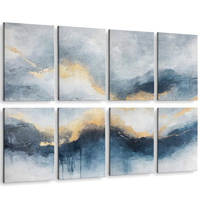 Abstract Blue & Grey Acoustic Wall Panel Set (8 Pieces), 48" × 32" Coverage — Neutral Modern Art, PET Sound-Absorbing