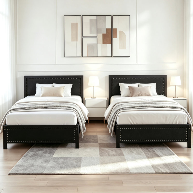 Belah Twin Size Bed Frames with Linen Upholstered Headboards and Nailhead Trim, Heavy-Duty Metal, Black