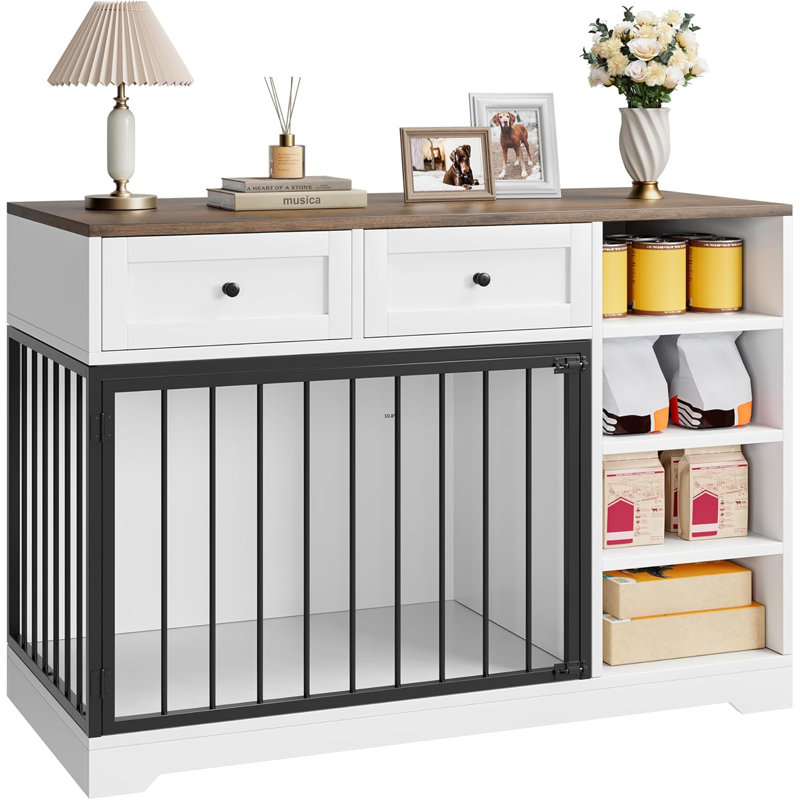 Meuble télé en bois pour caisse de chien de 47 po de largeur avec 2 tiroirs et 4 tablettes, mobilier d'intérieur décoratif pour grands chiens, blanc