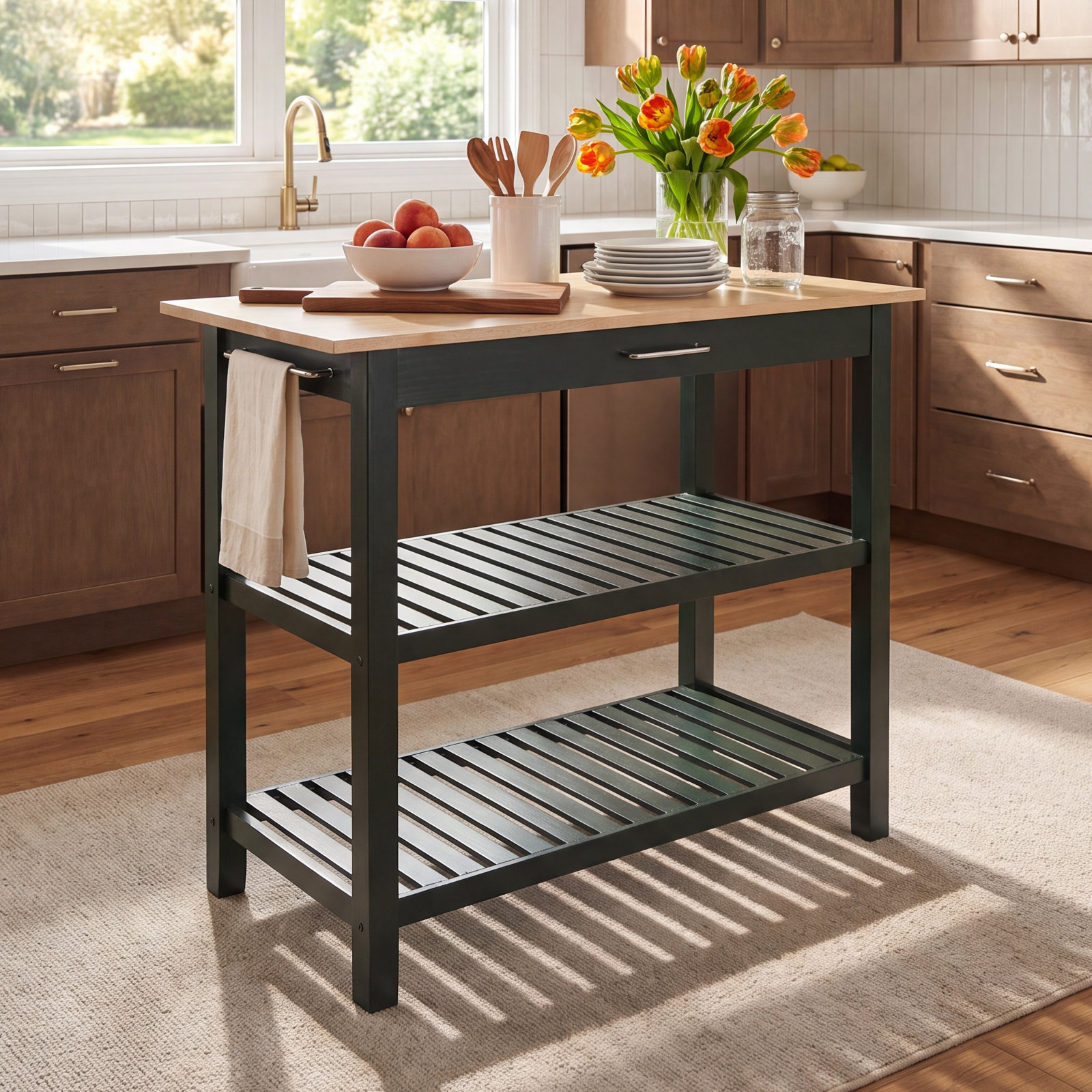 Herriott 40" Solid Wood Prep Table, Hunter Green/Natural, 36.5"H x 40"W x 20"D