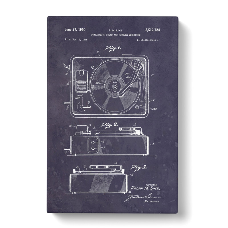 Record Player Patent Dark - Wrapped Canvas Print, 91cm H x 60cm W x 3cm D