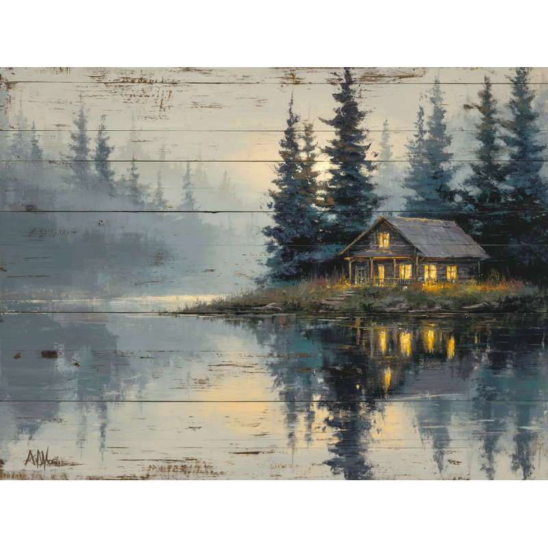 «Rustic Lake Cabin Reflections», art mural sur toile tendue, H 12 po x l 16 po