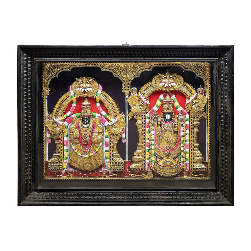 Lord Venkateswara comme Balaji à Tirupati avec la déesse Lakshmi | Couleurs traditionnelles | Structure en bois de teck