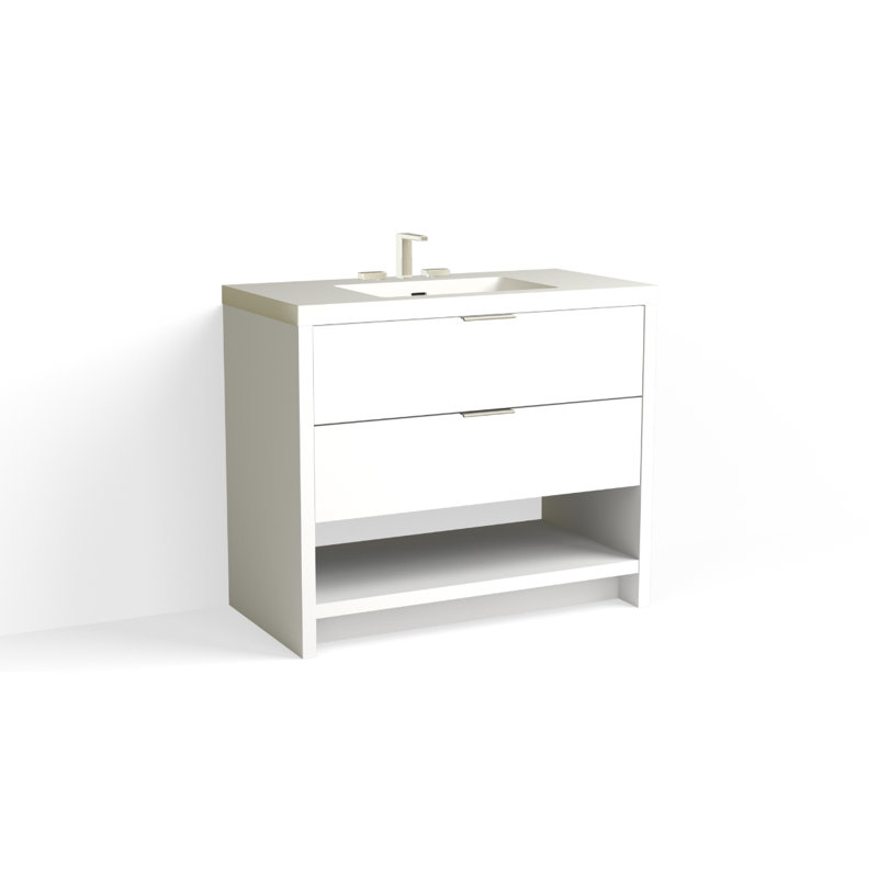 Vue 42" W Freestanding Single Bathroom Vanity, Nimbus, Glossy White/8" Widespread, Matte Black