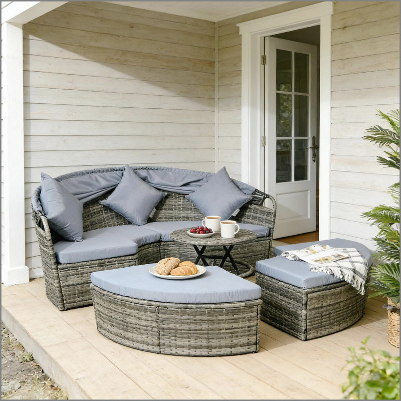 Ensemble de conversation près de la piscine, ensemble de mobilier modulaire de patio, lit de jour rond en rotin 4 pièces