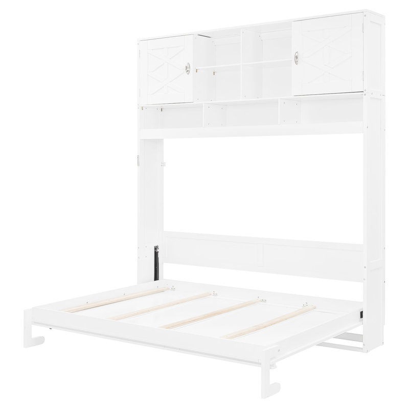Grand lit blanc pour le mur, avec rangement spacieux, caractéristiques à rayures en losange et fixation murale convenant à un matelas de 6 à 8 pouces, avec rayures, support de 600 lb