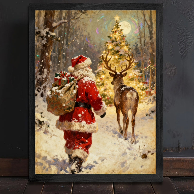 Père Noël rétro noir encadré avec art mural de style rétro, H 37 po x l 25 po