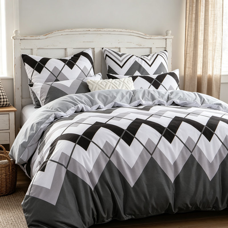 Ultrasoft Microfiber Double Duvet Set - Modern Zigzag, Zipper Closure, Easy Care