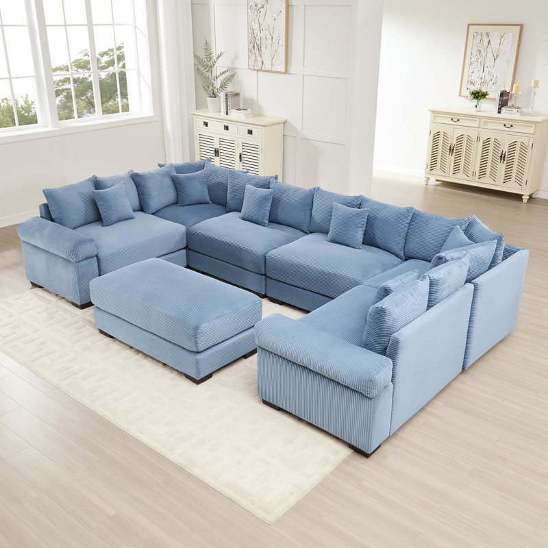 Canapé modulaire en U surdimensionné en U convertible en velours côtelé 6 places avec accoudoir extra large et 1 repose-pieds pour le salon