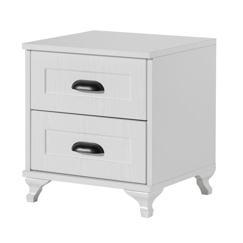 Table de chevet moderne avec 2 tiroirs, blanc et noyer, 17,7 po x 19,3 po x 16,3 po | Panneau de particules enduit de mélamine à 100%, portes en panneau de fibres à densité moyenne avec revêtement en frêne | Assemblage facile avec le système Minifix, solution de rangement élégante et fonctionnelle