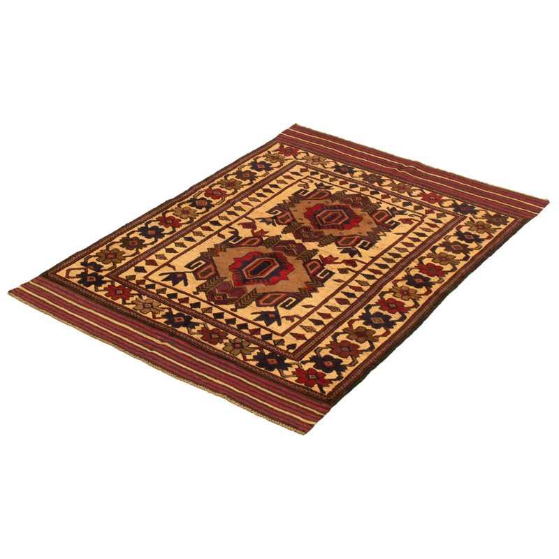 Tapis décoratif en laine noué à la main de conception unique 4 pi 3 po x 6 pi Brayli Ivoire/rouge