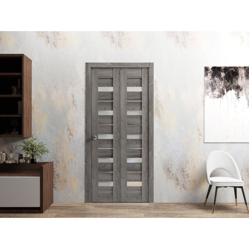 Portes coulissantes pliantes pour placard 42 x 96 Quadro 4445 Gris Nebraska avec verre dépoli, rails robustes, moulures, garnitures, quincaillerie, portes de placard de chambre en bois massif