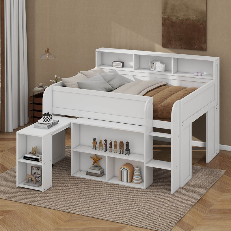 Lit mezzanine double en bois avec plusieurs tablettes de rangement, bureau et DEL, Blanc