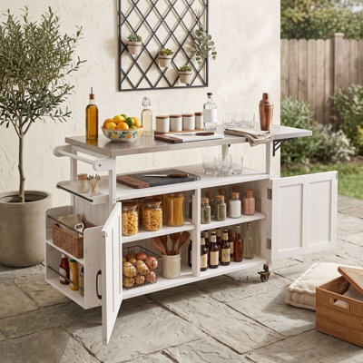 Chariot pour îlot de cuisine extérieur avec roues verrouillables, tablette de rangement, support à épices et barre à serviettes