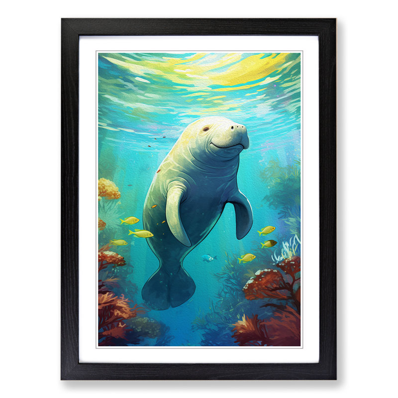 Manatee Nouveau - Single Picture Frame Print on Wood, Black Framed, 46cm H x 34cm W x 2cm D