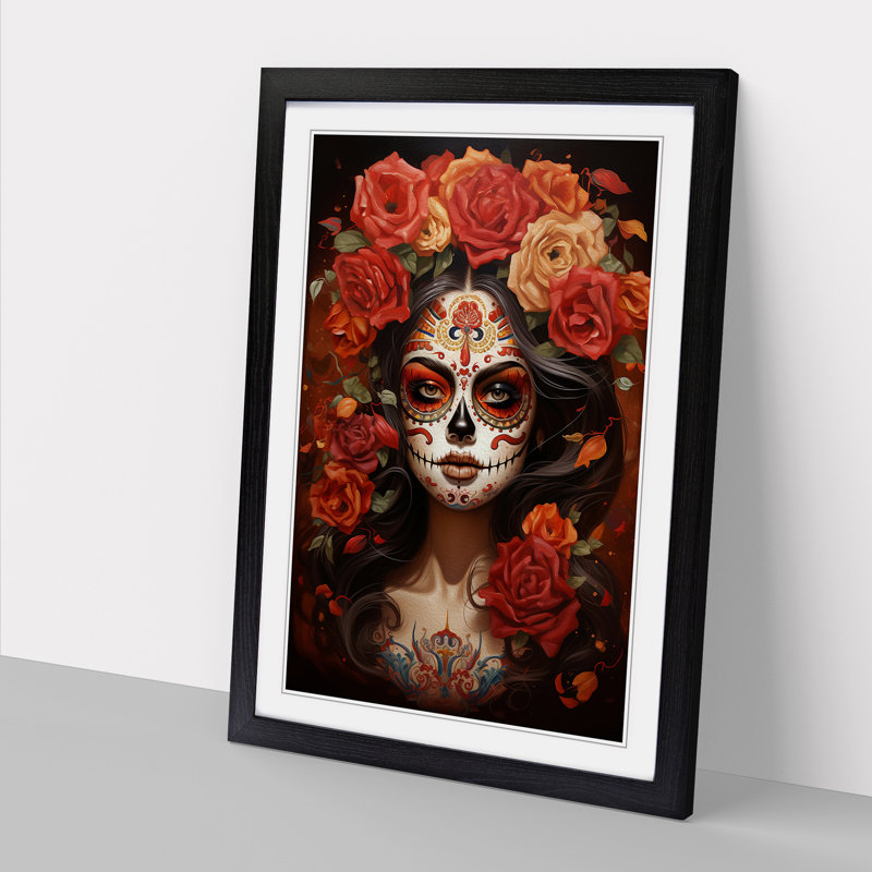 Sugar Skull Classicism - Single Picture Frame Print on Wood, 46cm H x 34cm W x 2cm D, Black