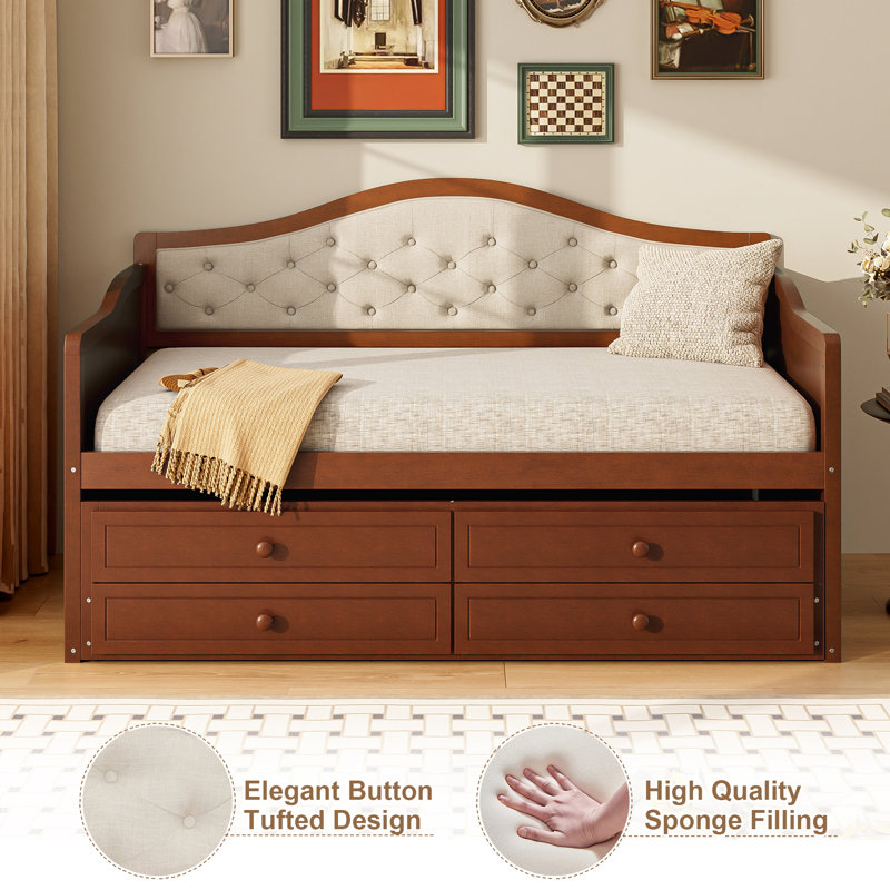 Twin Daybed with Trundle, Twin Size Daybed with 2 Storage Drawers, Wooden Sofa Bed with Upholstered Button Tufted Backrest for Living Room, Bedroom, Guest Room