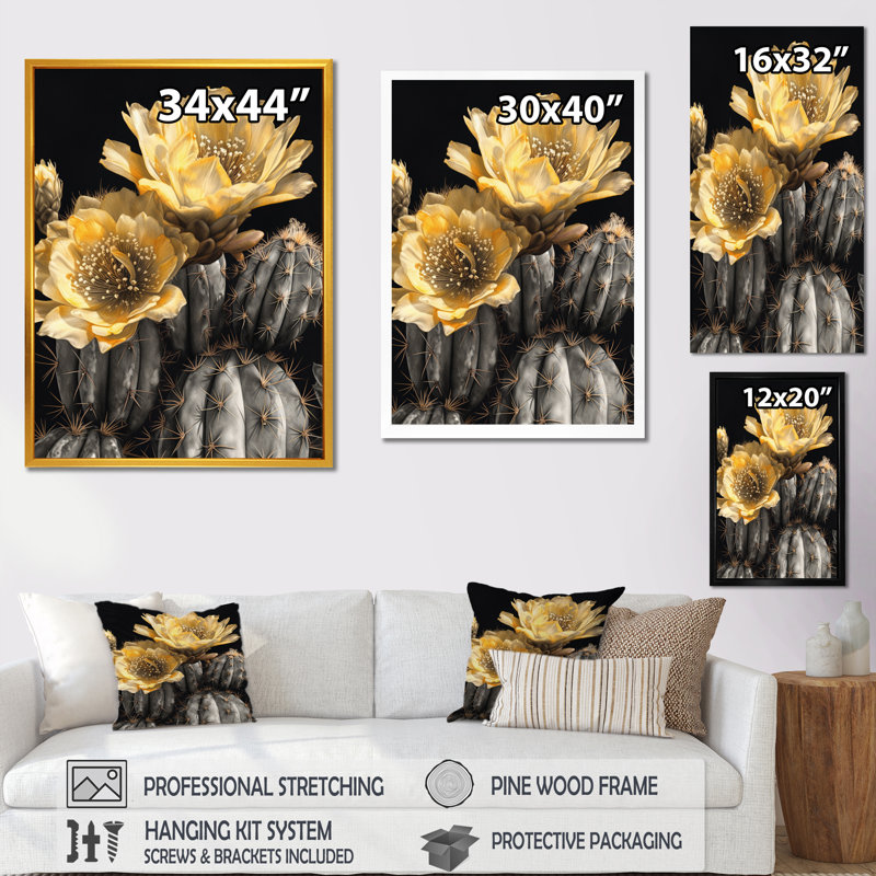 Décoration murale Ryzen jaune vert cactus III - cactus floral, H 40 po x l 30 po x P 1,5 po, Toile tendue