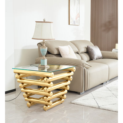 24" Square Stainless Steel Side Table, Clear Tempered Glass Top, Modern Gold Hue, Living Room Addition, & Fashionable End In Accessory, Attractive