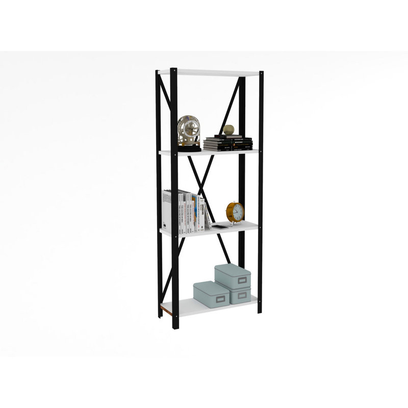 Bibliothèque moderne, blanche et noire, 23,6 po x 58,9 po x 11,4 po | 100% panneau de particules enduit de mélamine, épaisseur de 0,71 pouce | Structure en métal robuste, conception murale | Idéal pour le bureau à domicile, le salon et les espaces d'étude