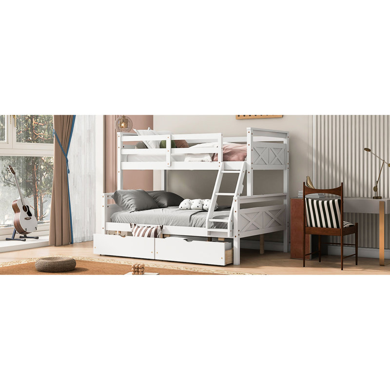 Lit superposé simple au-dessus d'un lit double avec 2 rangements et très grande sécurité, sommeil protégé, Lit simple, Blanc