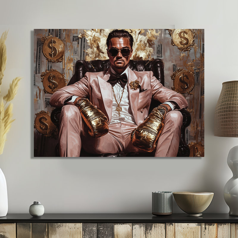 Loup de Wall Street avec lunettes, gant et classeur - homme, art mural, Sans cadre, métal, H 30 po x l 40 po
