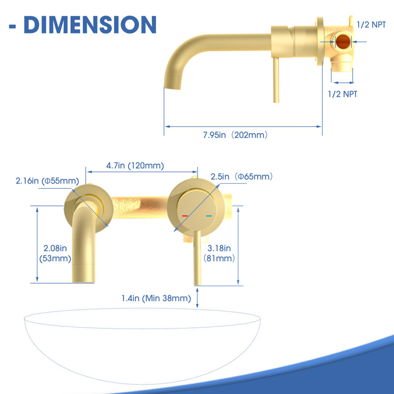 Wall Mounted Single-handle Bathroom Faucet, Brushed Gold