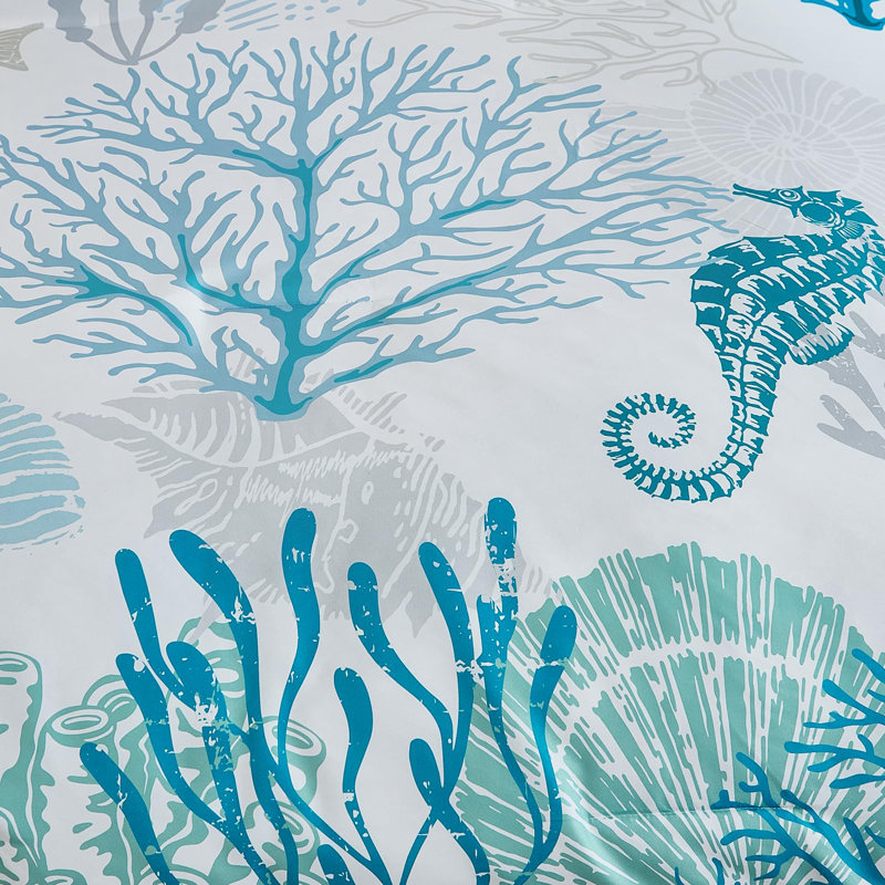 7-Piece Coastal Beach Comforter Set, Ocean Nautical All-Season Bedding, Coral/Seahorse