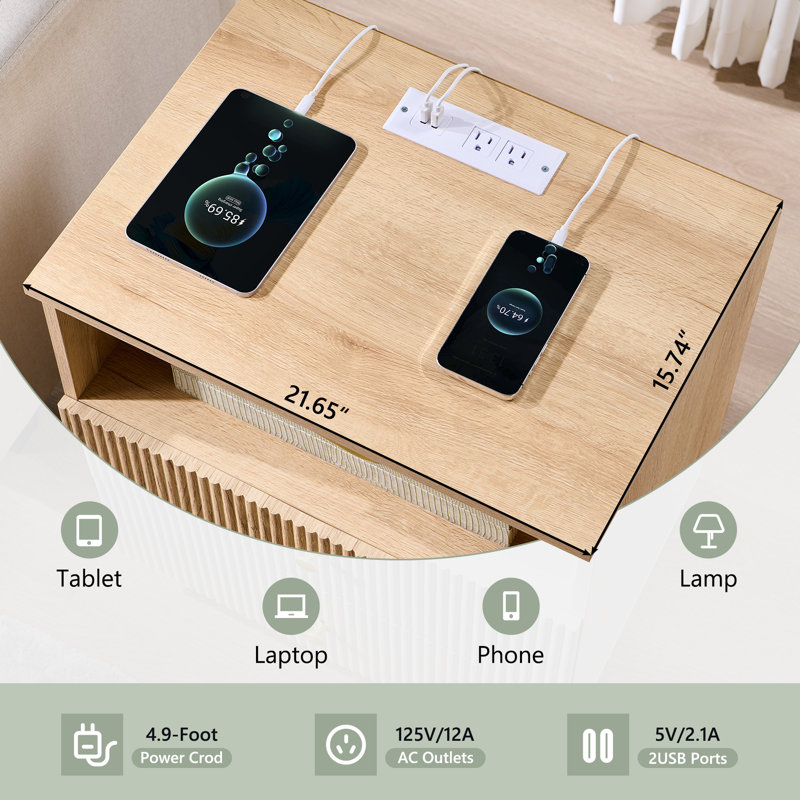 Fluted End Table with Charging Station, 21.65" Wide Side Table with 2 Drawers, Natural Wood