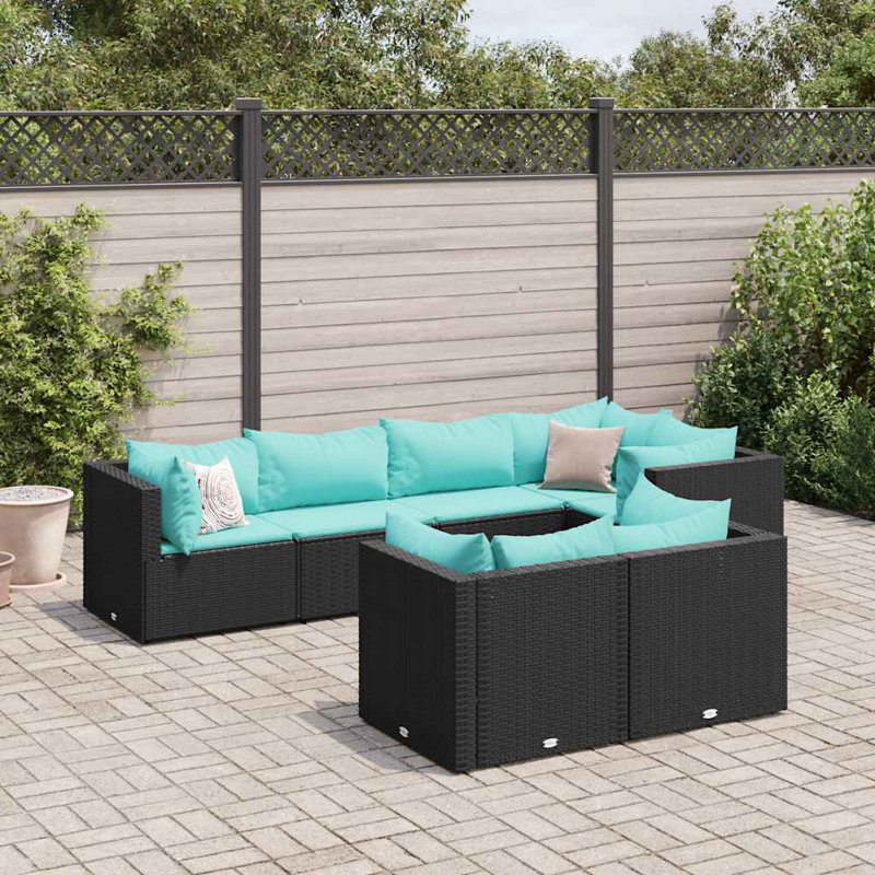  Ensemble de 7 chaises de patio modulaires en rotin PE noir 7 pièces, Bleu eau, Noir