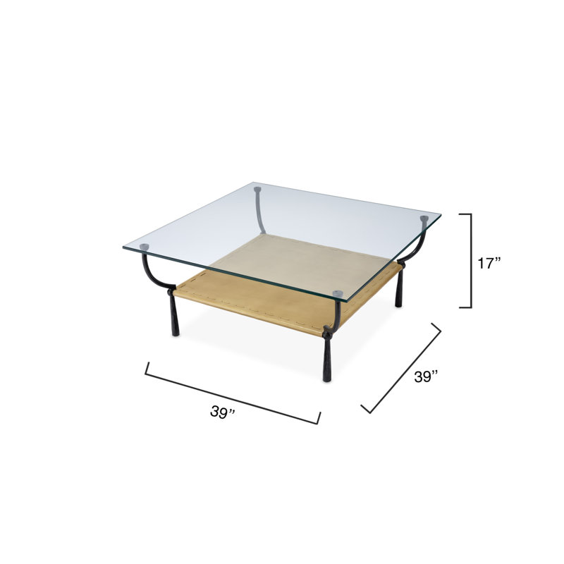 Doris 39" Black Glass Coffee Table with Leather Shelf