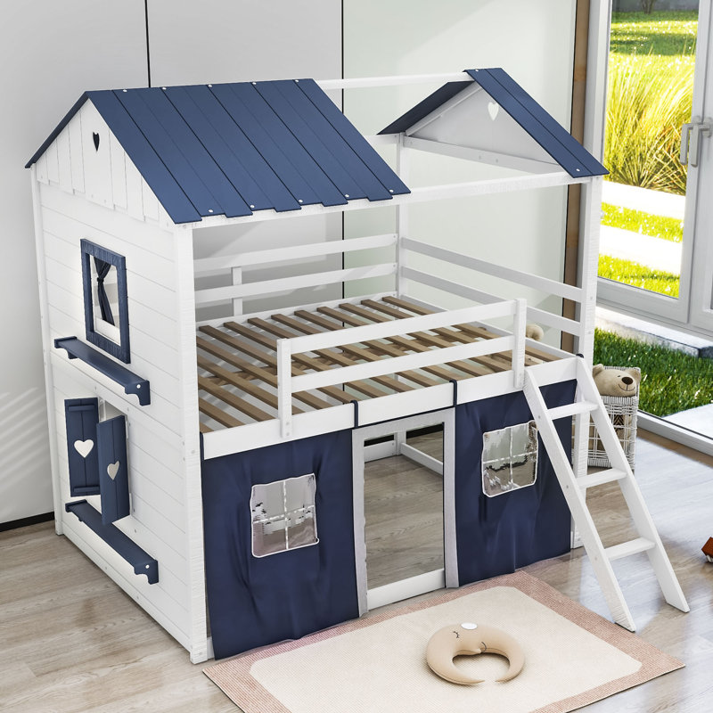 Thorin Wood Bunk Bed with Tent and Windows, Full over Full, Blue/White